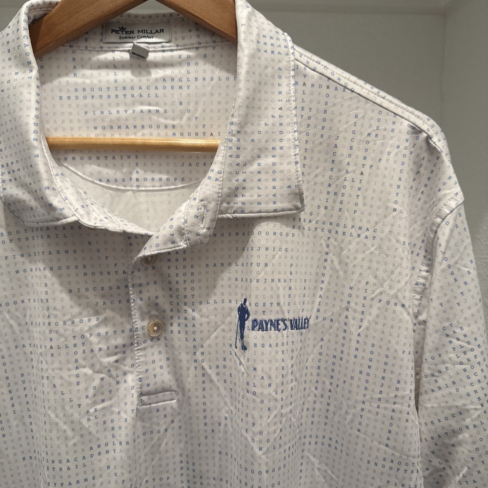 Peter Millar Summer Comfort Polo Shirt Men XXL Word Srch AOP Paynes Valley Golf